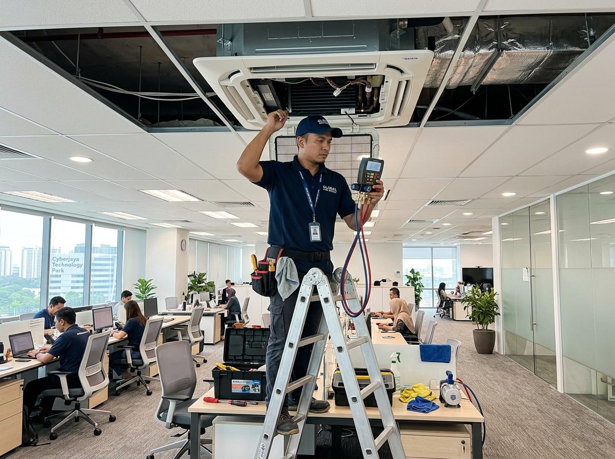 Cybercool technician servicing a 4-way ceiling cassette in a Cyberjaya corporate tech office