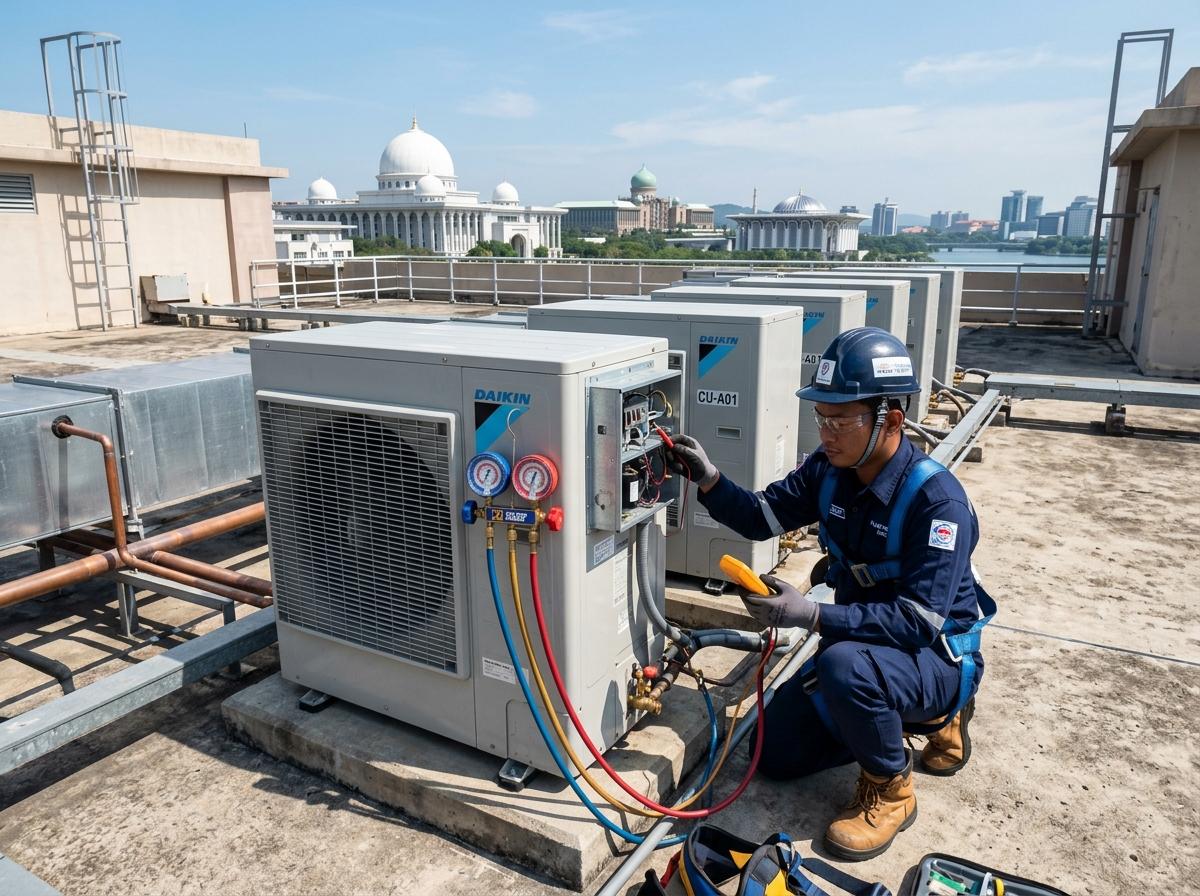 Cybercool certified technician checking commercial rooftop aircon condenser fleet in Cyberjaya